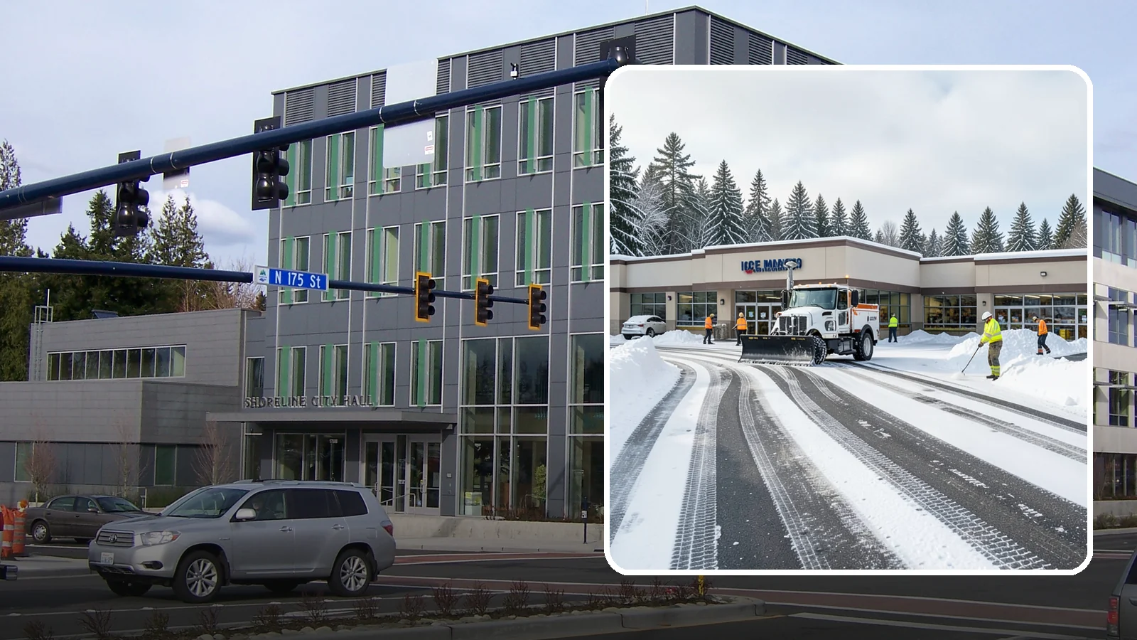 Grocery Store Parking Lot Snow Removal in Shoreline, King County, WA - We clear grocery store lots early so Western Washington shoppers park, load carts, and reach the doors safely in winter.