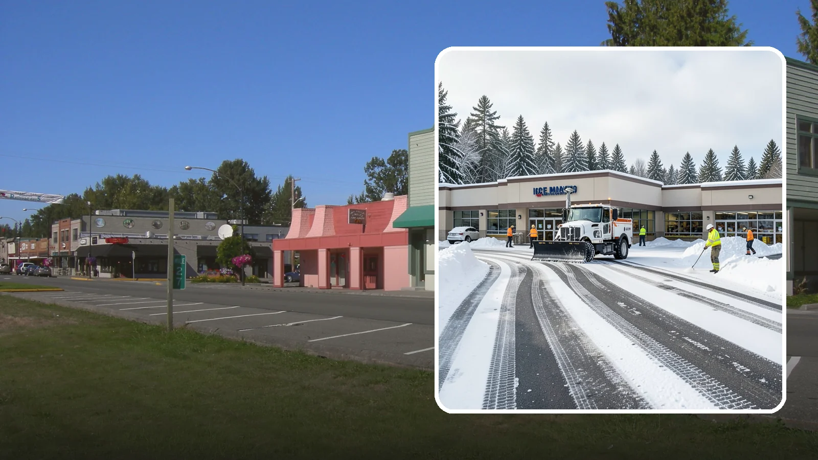 Grocery Store Parking Lot Snow Removal in Snoqualmie, King County, WA - We clear grocery store lots early so Western Washington shoppers park, load carts, and reach the doors safely in winter.