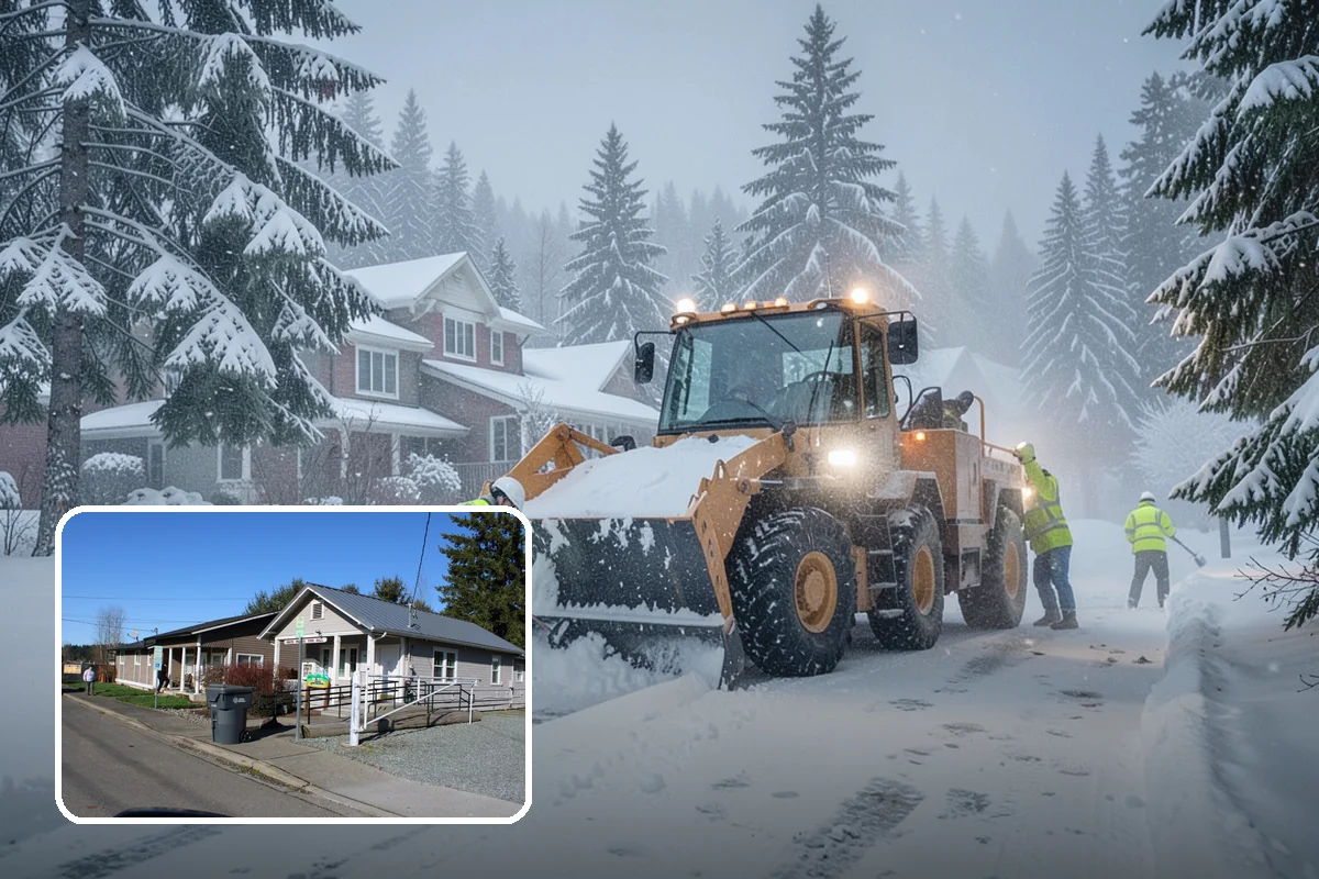 Grocery Store Parking Lot Snow Removal in South Prairie, Pierce County, WA - Shoppers park and reach the doors on a cleared, deiced lot