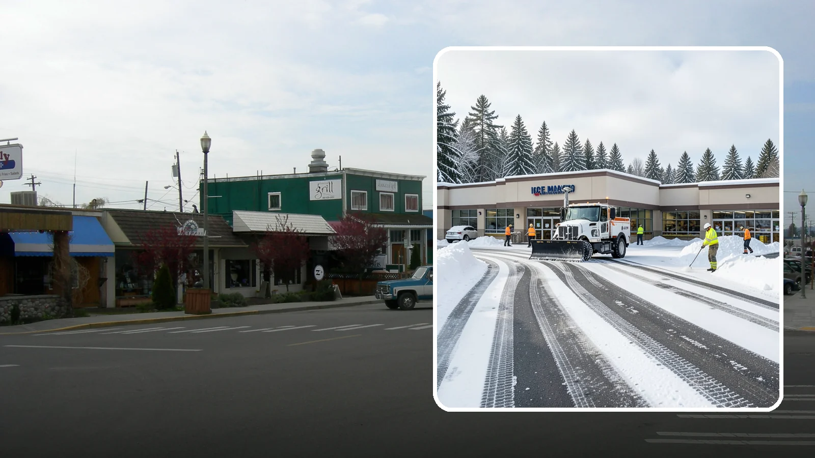 Grocery Store Parking Lot Snow Removal in Stanwood, Snohomish County, WA - We clear grocery store lots early so Western Washington shoppers park, load carts, and reach the doors safely in winter.