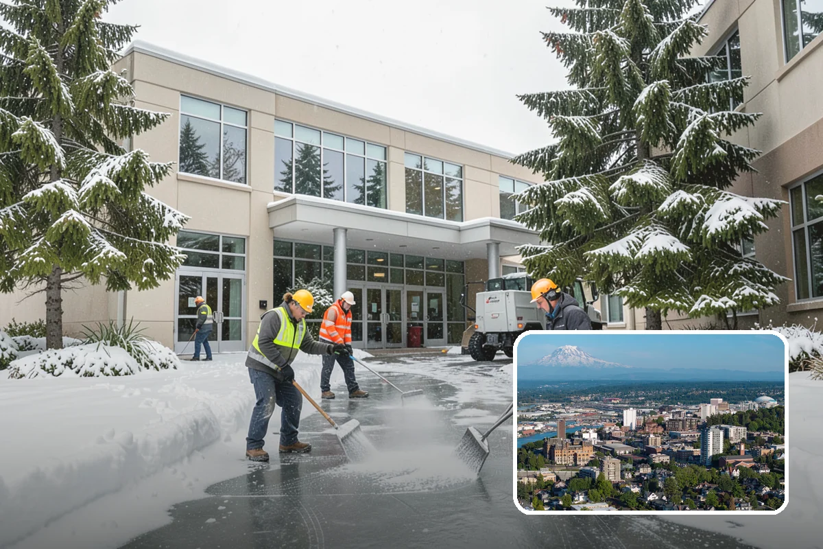 Grocery Store Parking Lot Snow Removal in Tacoma, Pierce County, WA - Shoppers park and reach the doors on a cleared, deiced lot