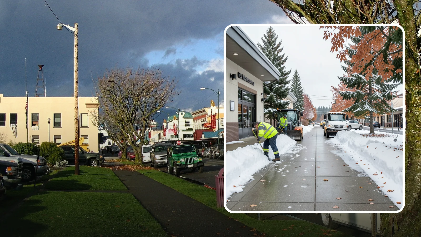 Grocery Store Sidewalk Clearing in Arlington, Snohomish County, WA - High-volume entrance sidewalk clearing for Western Washington grocery stores, keeping vestibules and cart lanes safe for shoppers...