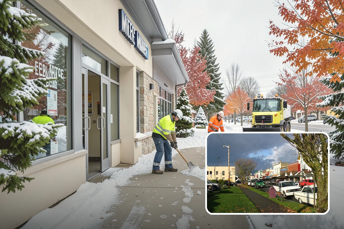 Grocery Store Sidewalk Clearing in Arlington, Snohomish County, WA - Vestibule and cart lanes cleared for heavy shopper volume
