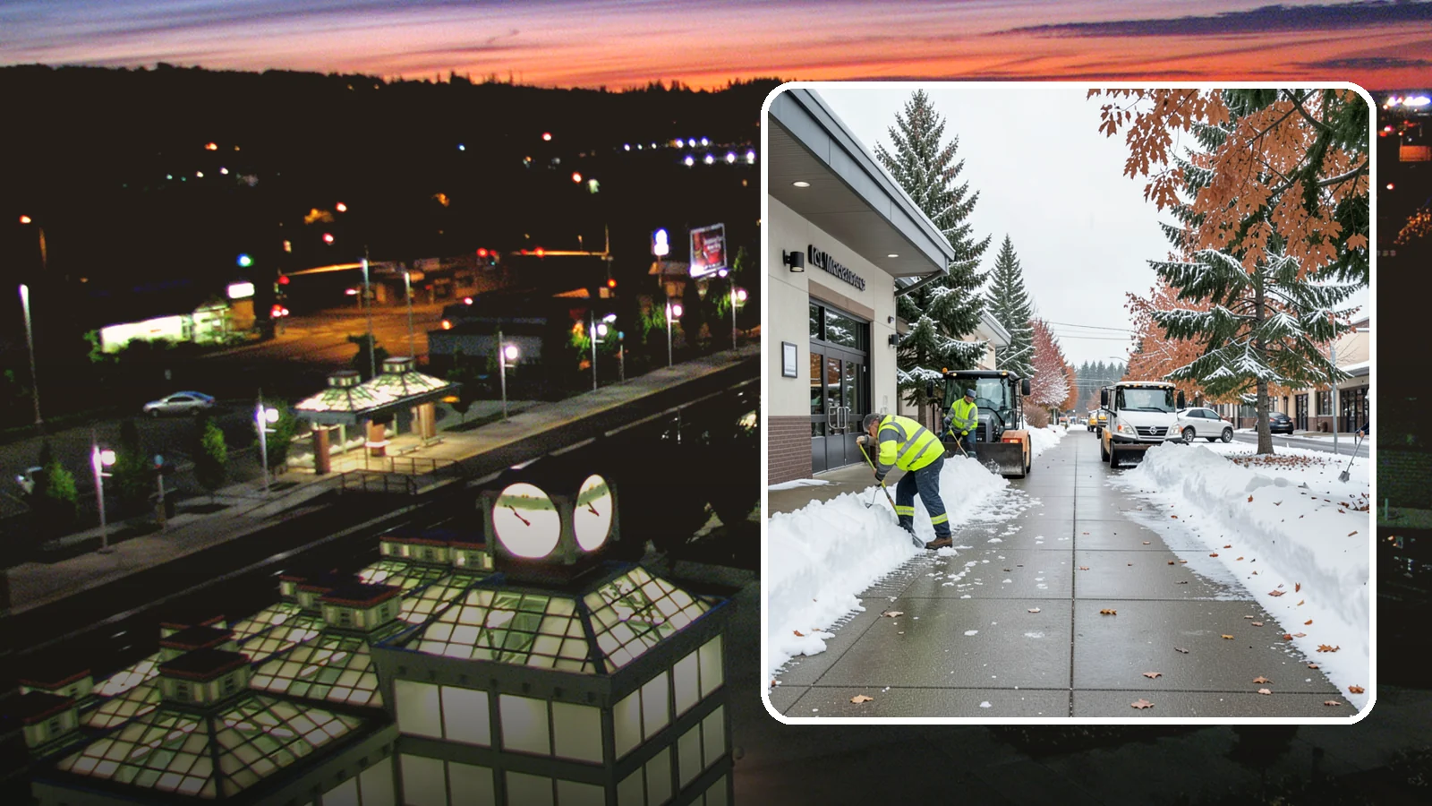 Grocery Store Sidewalk Clearing in Auburn, King County, WA - High-volume entrance sidewalk clearing for Western Washington grocery stores, keeping vestibules and cart lanes safe for shoppers...