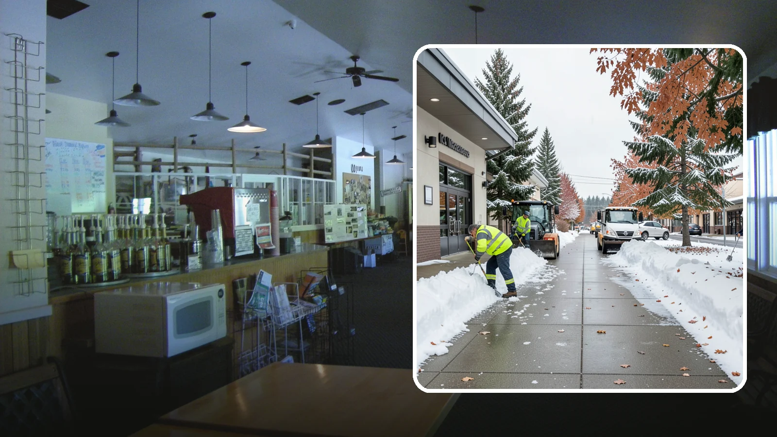 Grocery Store Sidewalk Clearing in Black Diamond, King County, WA - High-volume entrance sidewalk clearing for Western Washington grocery stores, keeping vestibules and cart lanes safe for shoppers...