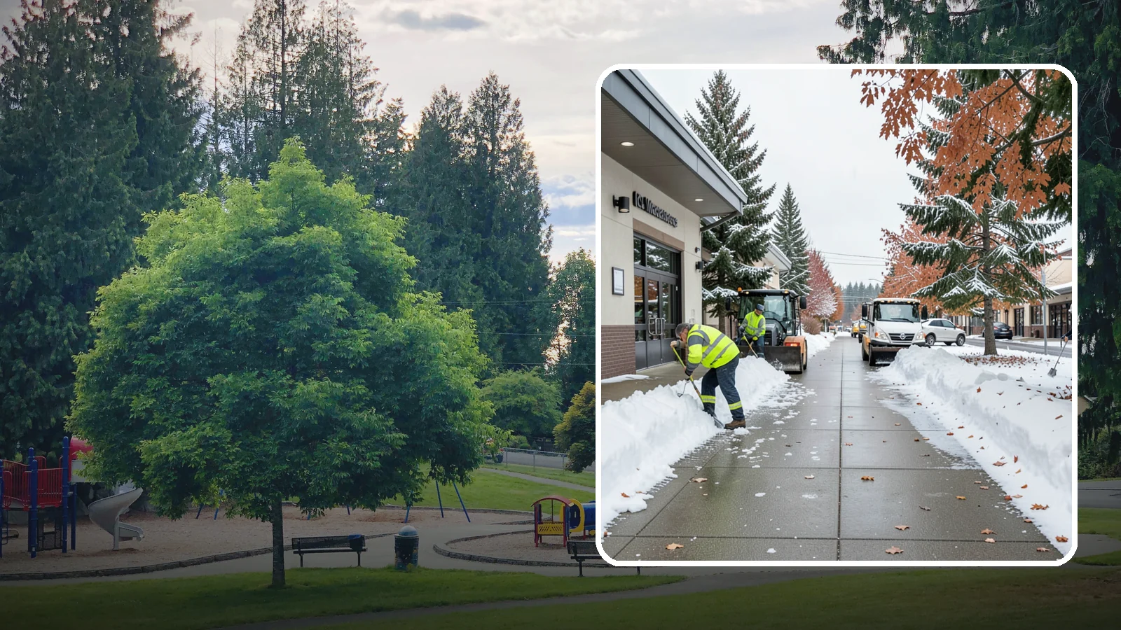 Grocery Store Sidewalk Clearing in Bonney Lake, Pierce County, WA - High-volume entrance sidewalk clearing for Western Washington grocery stores, keeping vestibules and cart lanes safe for shoppers...