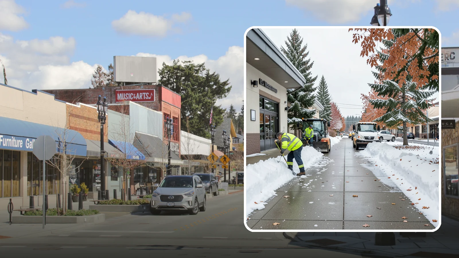 Grocery Store Sidewalk Clearing in Bothell, King County, WA - High-volume entrance sidewalk clearing for Western Washington grocery stores, keeping vestibules and cart lanes safe for shoppers...