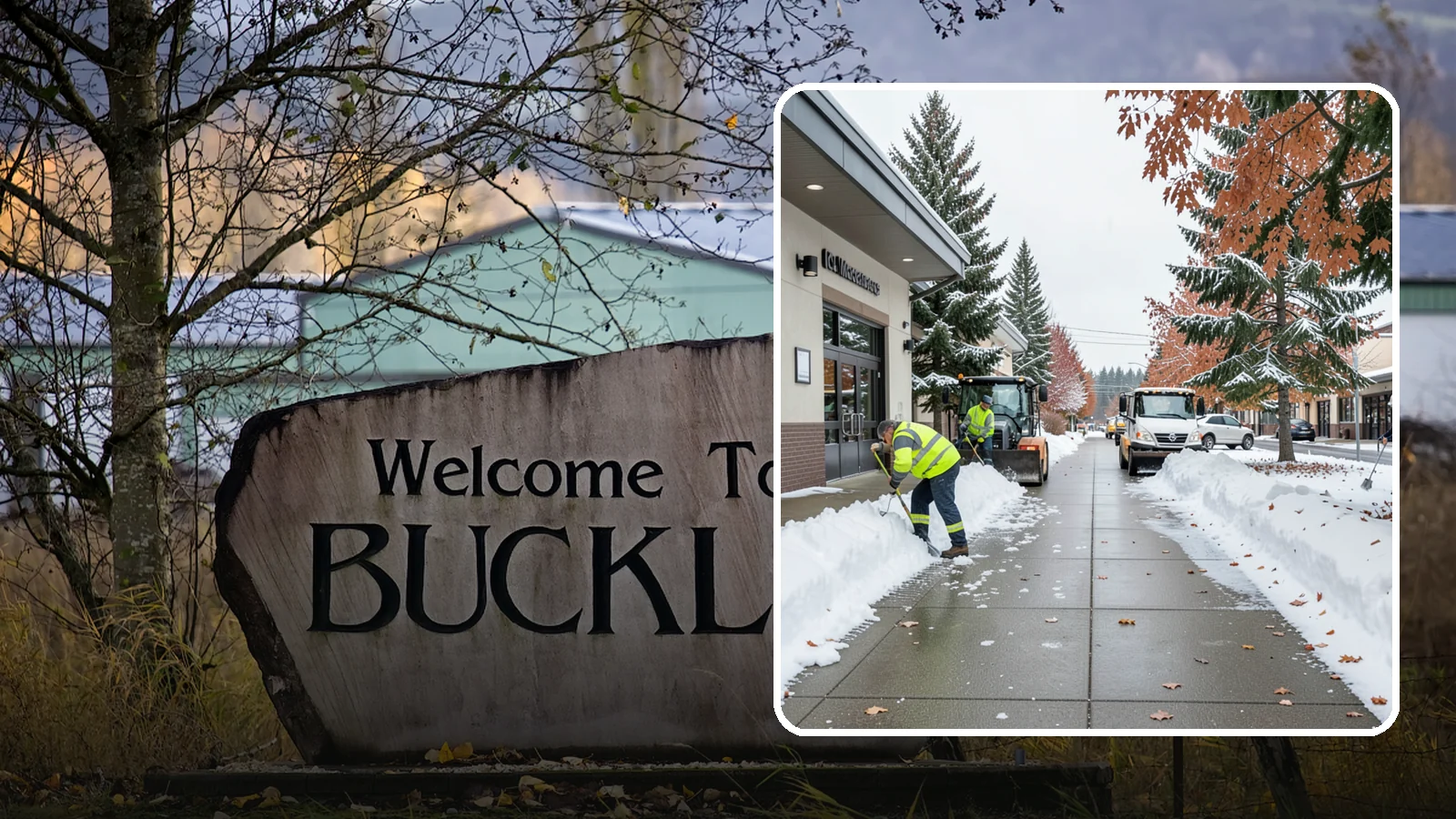 Grocery Store Sidewalk Clearing in Buckley, Pierce County, WA - High-volume entrance sidewalk clearing for Western Washington grocery stores, keeping vestibules and cart lanes safe for shoppers...
