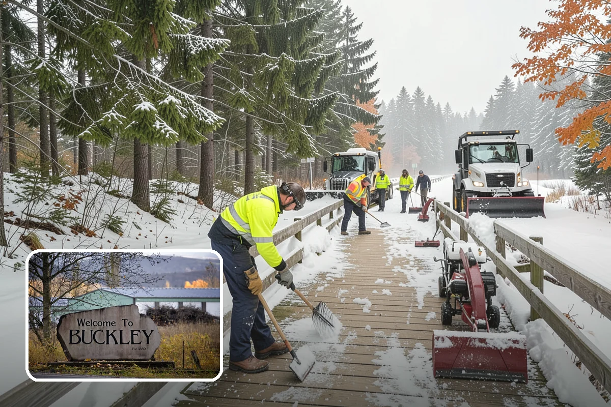 Grocery Store Sidewalk Clearing in Buckley, Pierce County, WA - Vestibule and cart lanes cleared for heavy shopper volume