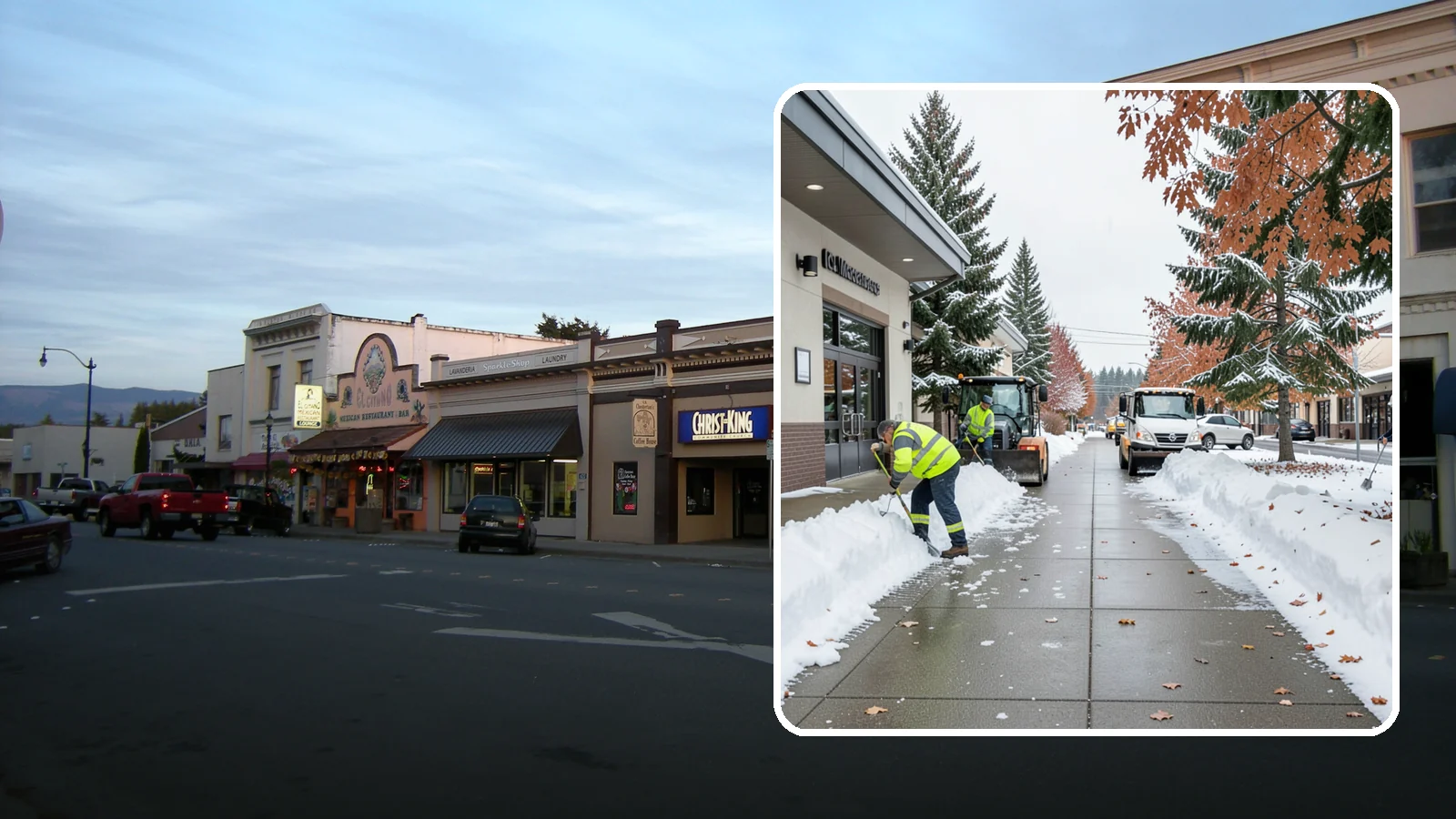 Grocery Store Sidewalk Clearing in Burlington, Skagit County, WA - High-volume entrance sidewalk clearing for Western Washington grocery stores, keeping vestibules and cart lanes safe for shoppers...