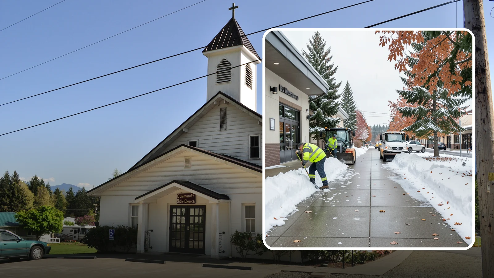 Grocery Store Sidewalk Clearing in Concrete, Skagit County, WA - High-volume entrance sidewalk clearing for Western Washington grocery stores, keeping vestibules and cart lanes safe for shoppers...