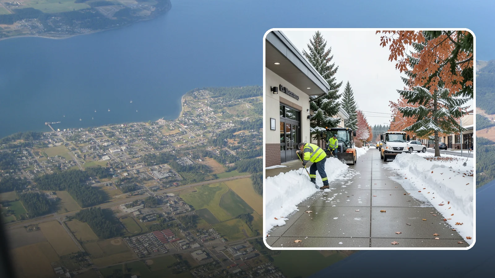 Grocery Store Sidewalk Clearing in Coupeville, Island County, WA - High-volume entrance sidewalk clearing for Western Washington grocery stores, keeping vestibules and cart lanes safe for shoppers...