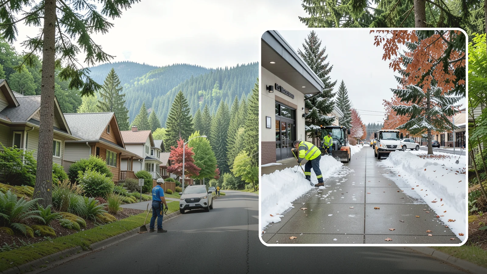 Grocery Store Sidewalk Clearing in Darrington, Snohomish County, WA - High-volume entrance sidewalk clearing for Western Washington grocery stores, keeping vestibules and cart lanes safe for shoppers...