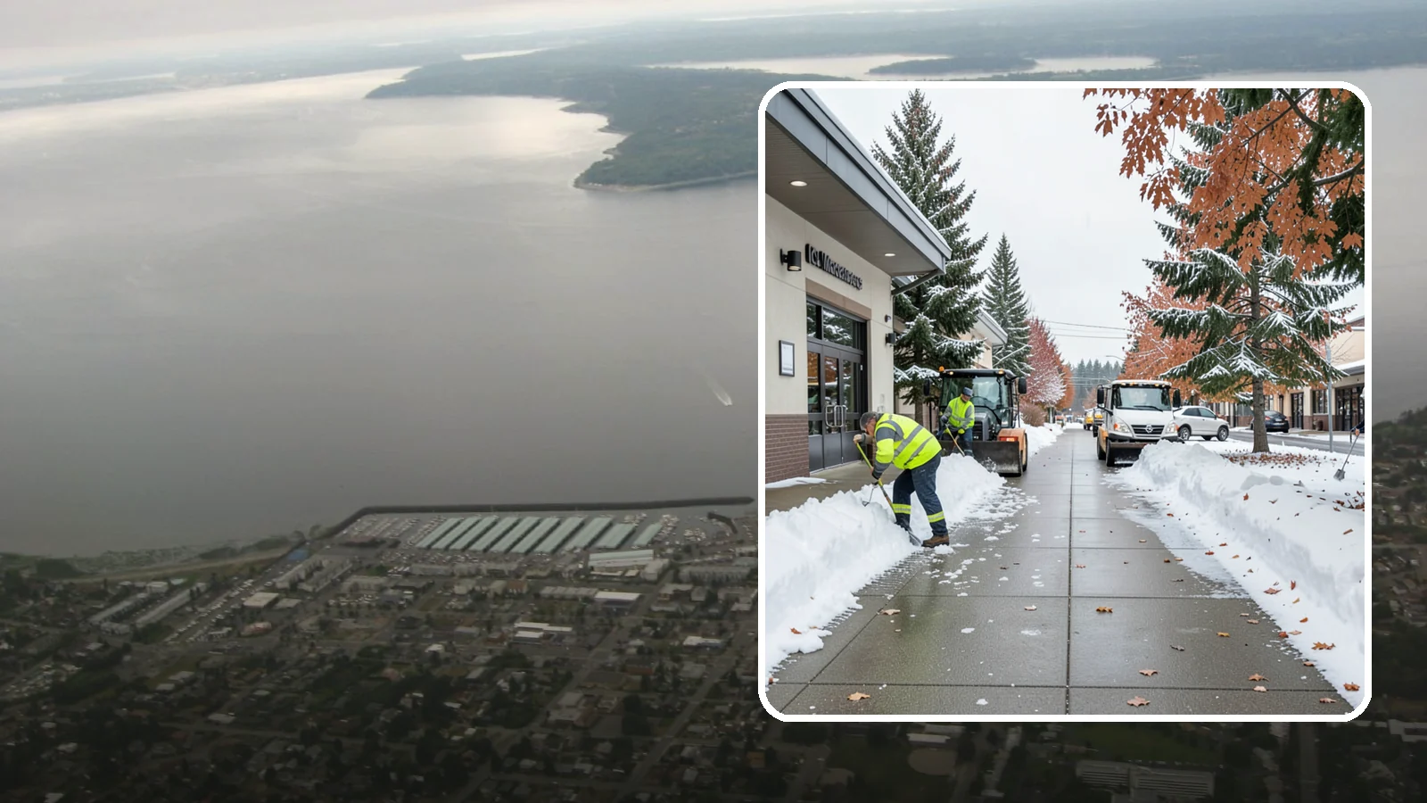 Grocery Store Sidewalk Clearing in Des Moines, King County, WA - High-volume entrance sidewalk clearing for Western Washington grocery stores, keeping vestibules and cart lanes safe for shoppers...
