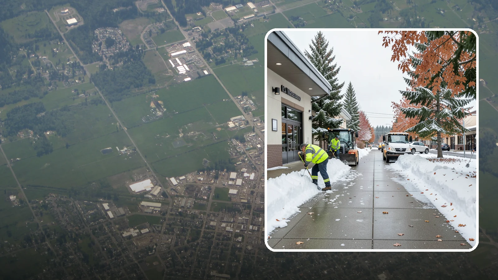 Grocery Store Sidewalk Clearing in Enumclaw, King County, WA - High-volume entrance sidewalk clearing for Western Washington grocery stores, keeping vestibules and cart lanes safe for shoppers...