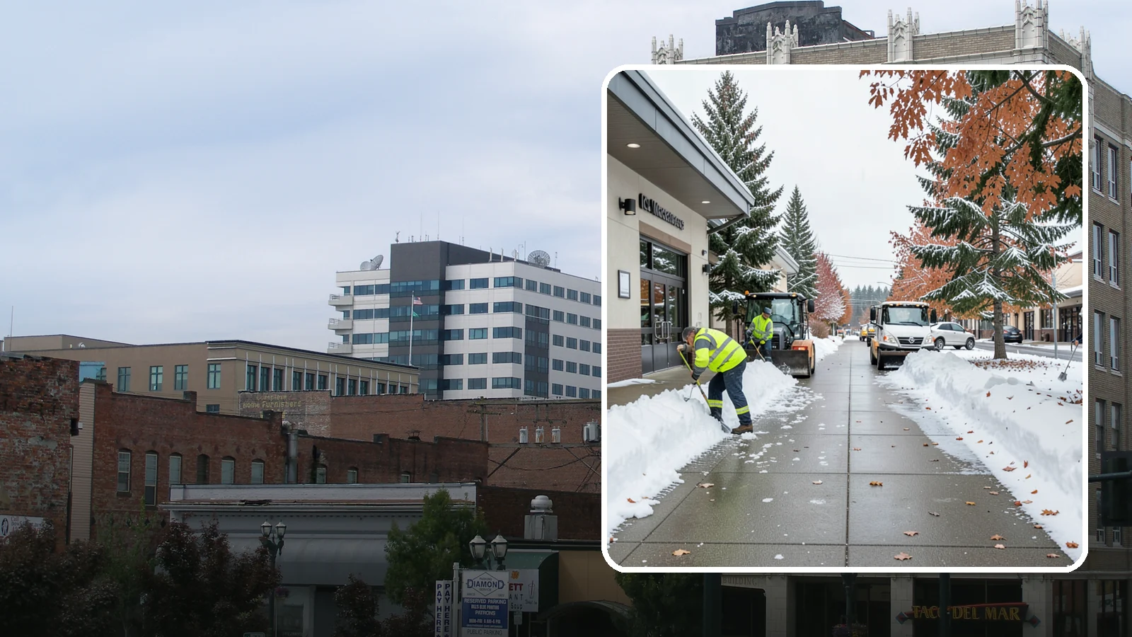Grocery Store Sidewalk Clearing in Everett, Snohomish County, WA - High-volume entrance sidewalk clearing for Western Washington grocery stores, keeping vestibules and cart lanes safe for shoppers...