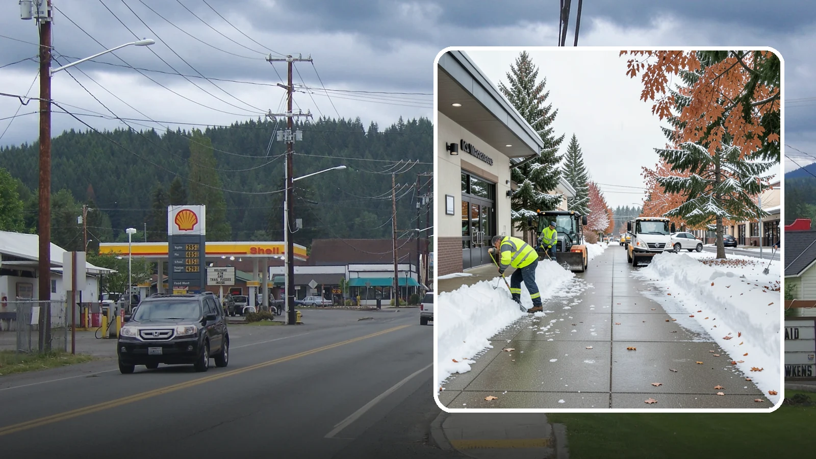 Grocery Store Sidewalk Clearing in Granite Falls, Snohomish County, WA - High-volume entrance sidewalk clearing for Western Washington grocery stores, keeping vestibules and cart lanes safe for shoppers...