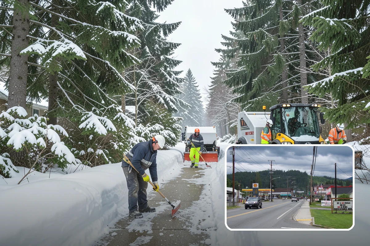 Grocery Store Sidewalk Clearing in Granite Falls, Snohomish County, WA - Vestibule and cart lanes cleared for heavy shopper volume