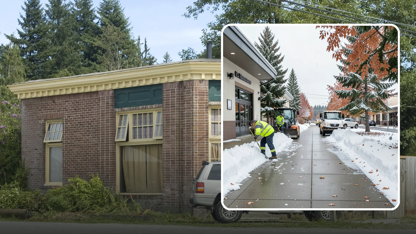 Grocery Store Sidewalk Clearing in Hamilton, Skagit County, WA - High-volume entrance sidewalk clearing for Western Washington grocery stores, keeping vestibules and cart lanes safe for shoppers...