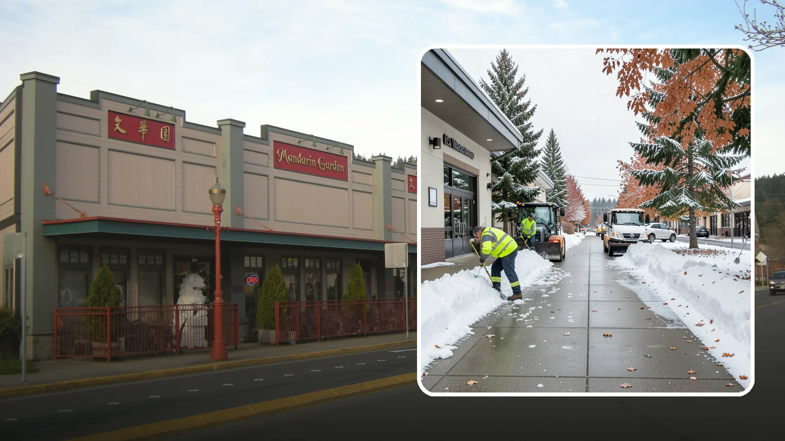 Grocery Store Sidewalk Clearing in Issaquah, King County, WA - High-volume entrance sidewalk clearing for Western Washington grocery stores, keeping vestibules and cart lanes safe for shoppers...