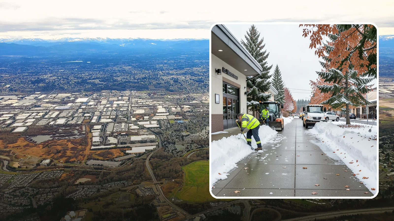 Grocery Store Sidewalk Clearing in Kent, King County, WA - High-volume entrance sidewalk clearing for Western Washington grocery stores, keeping vestibules and cart lanes safe for shoppers...