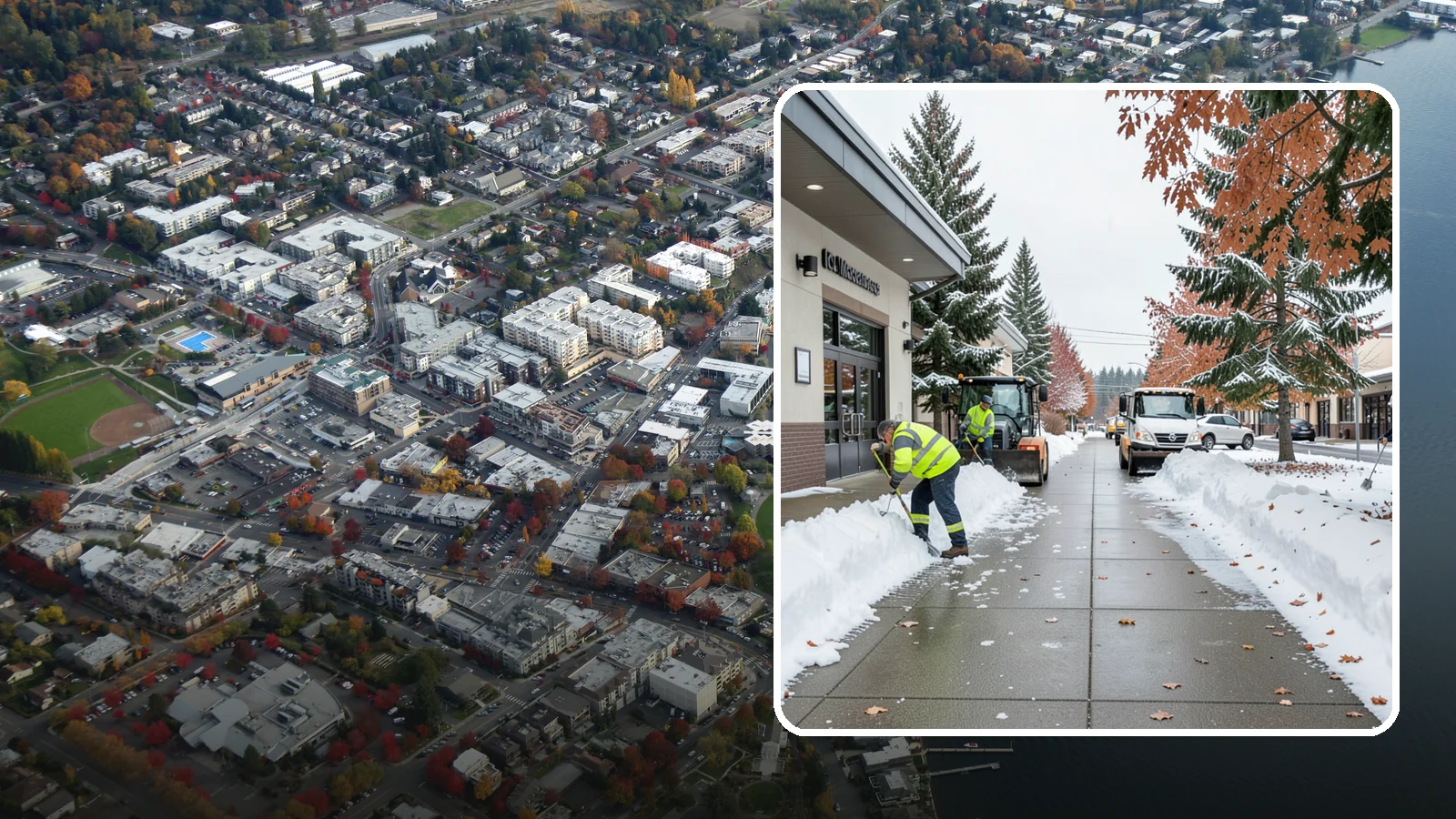 Grocery Store Sidewalk Clearing in Kirkland, King County, WA - High-volume entrance sidewalk clearing for Western Washington grocery stores, keeping vestibules and cart lanes safe for shoppers...