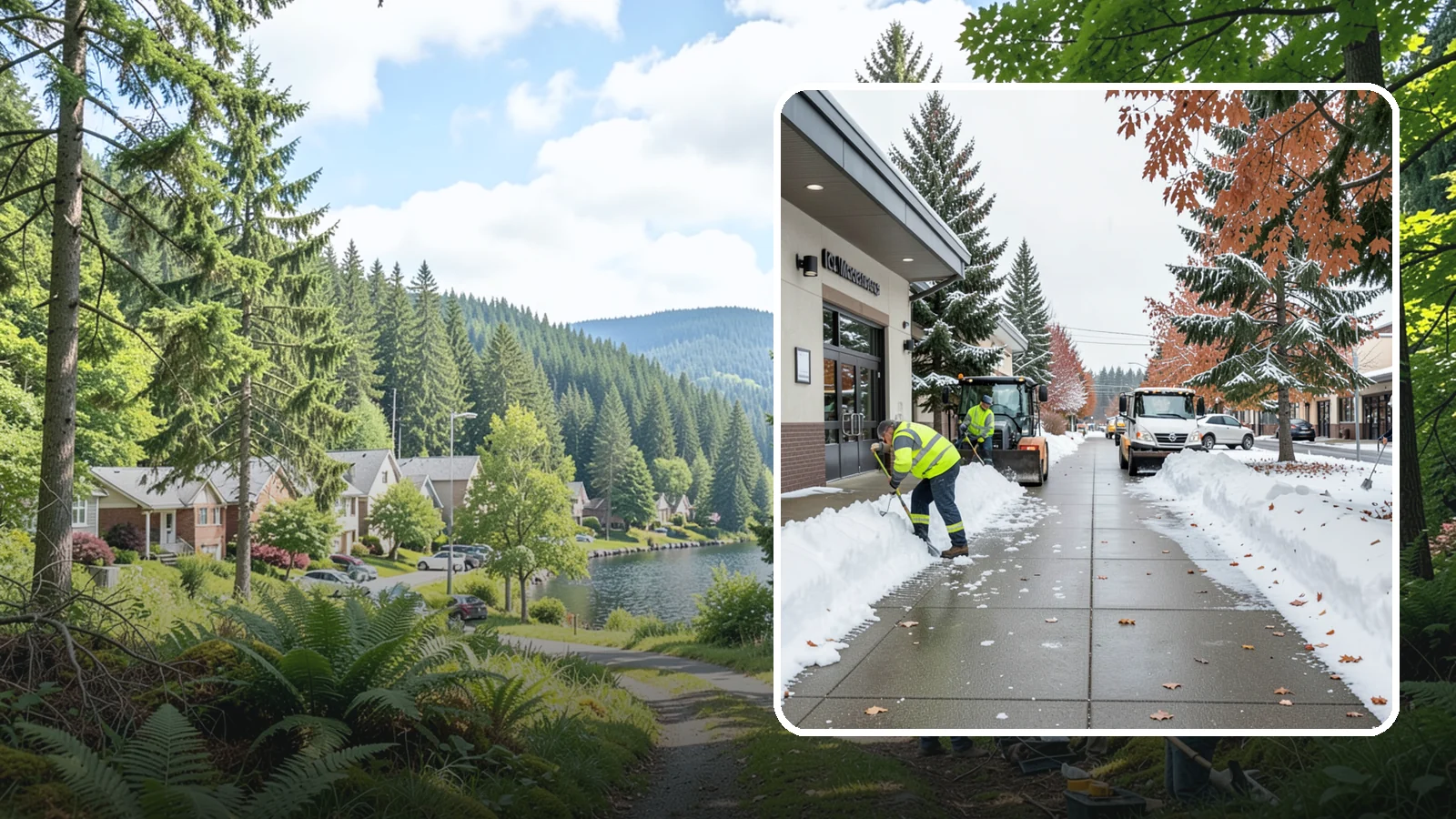 Grocery Store Sidewalk Clearing in Lake Forest Park, King County, WA - High-volume entrance sidewalk clearing for Western Washington grocery stores, keeping vestibules and cart lanes safe for shoppers...