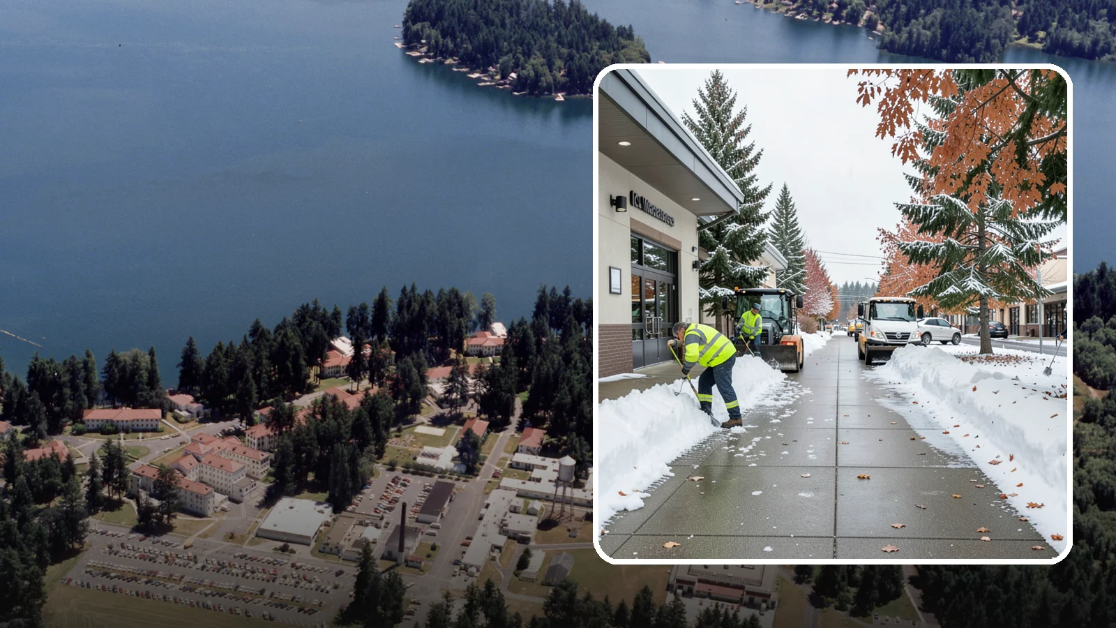 Grocery Store Sidewalk Clearing in Lakewood, Pierce County, WA - High-volume entrance sidewalk clearing for Western Washington grocery stores, keeping vestibules and cart lanes safe for shoppers...