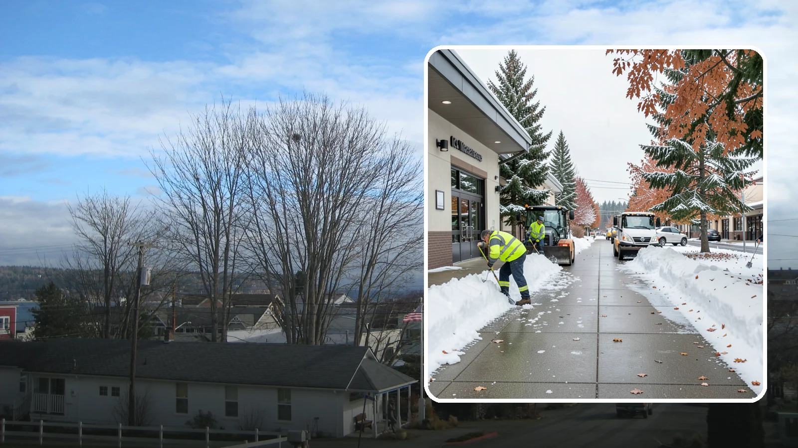 Grocery Store Sidewalk Clearing in Langley, Island County, WA - High-volume entrance sidewalk clearing for Western Washington grocery stores, keeping vestibules and cart lanes safe for shoppers...