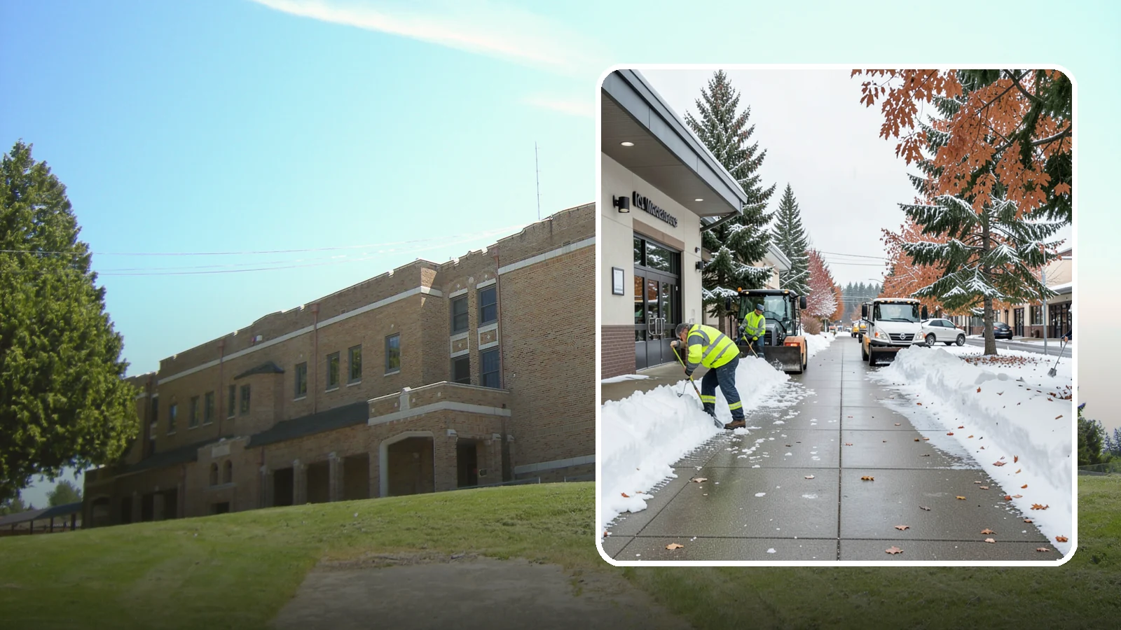 Grocery Store Sidewalk Clearing in Maple Valley, King County, WA - High-volume entrance sidewalk clearing for Western Washington grocery stores, keeping vestibules and cart lanes safe for shoppers...