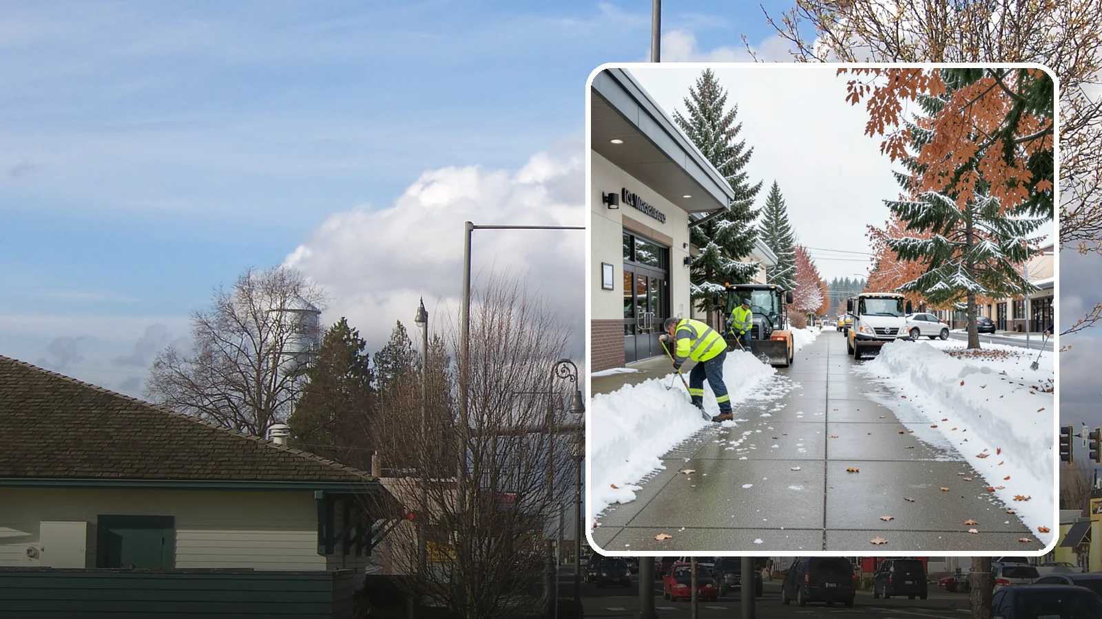 Grocery Store Sidewalk Clearing in Marysville, Snohomish County, WA - High-volume entrance sidewalk clearing for Western Washington grocery stores, keeping vestibules and cart lanes safe for shoppers...