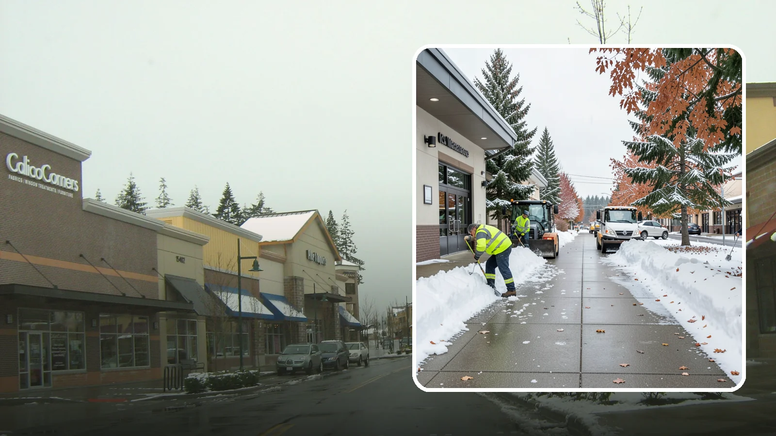 Grocery Store Sidewalk Clearing in Mill Creek, Snohomish County, WA - High-volume entrance sidewalk clearing for Western Washington grocery stores, keeping vestibules and cart lanes safe for shoppers...