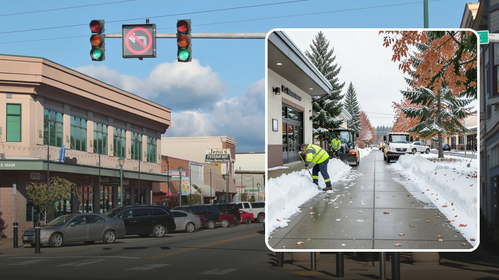 Grocery Store Sidewalk Clearing in Monroe, Snohomish County, WA - High-volume entrance sidewalk clearing for Western Washington grocery stores, keeping vestibules and cart lanes safe for shoppers...