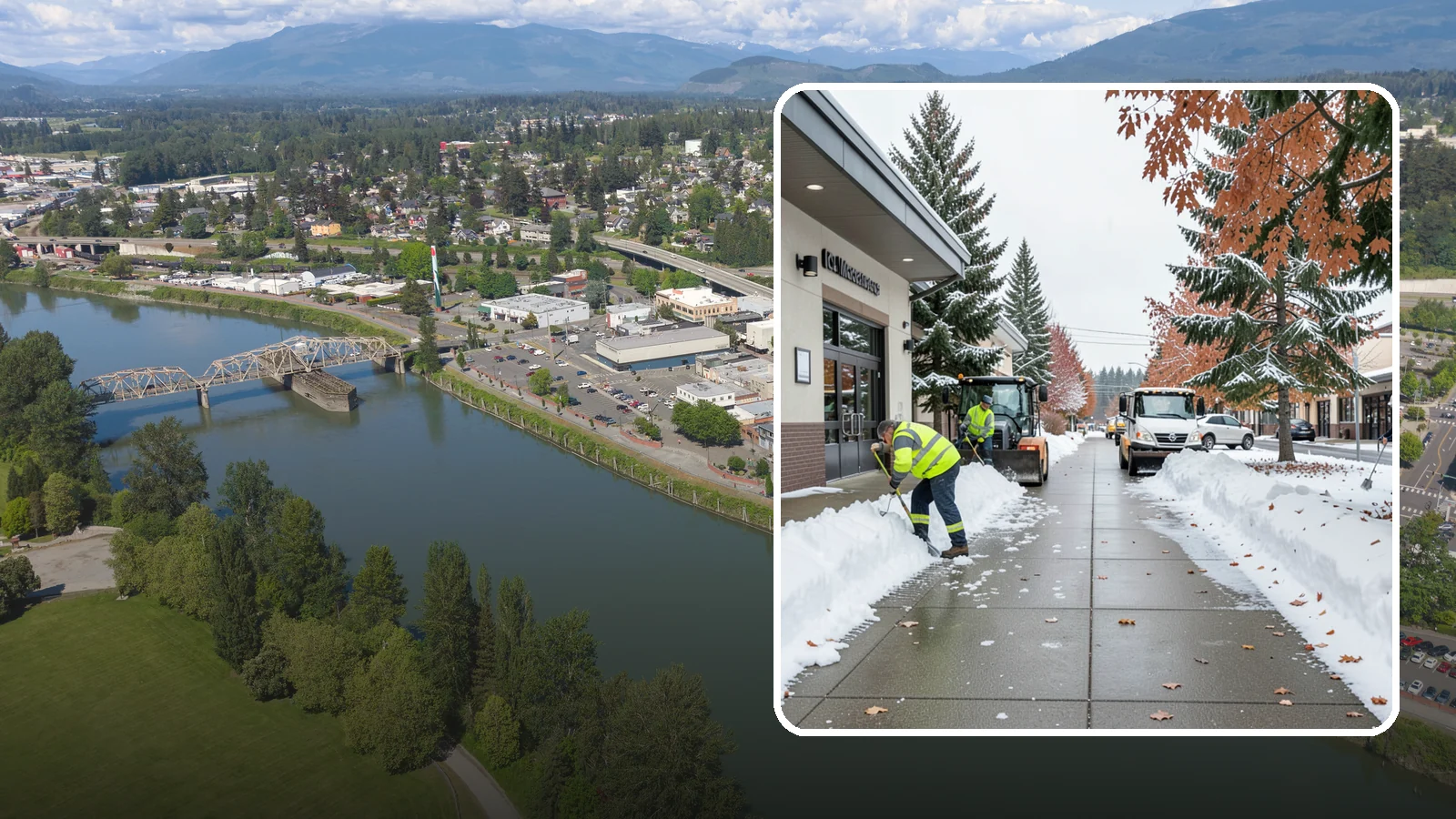 Grocery Store Sidewalk Clearing in Mount Vernon, Skagit County, WA - High-volume entrance sidewalk clearing for Western Washington grocery stores, keeping vestibules and cart lanes safe for shoppers...