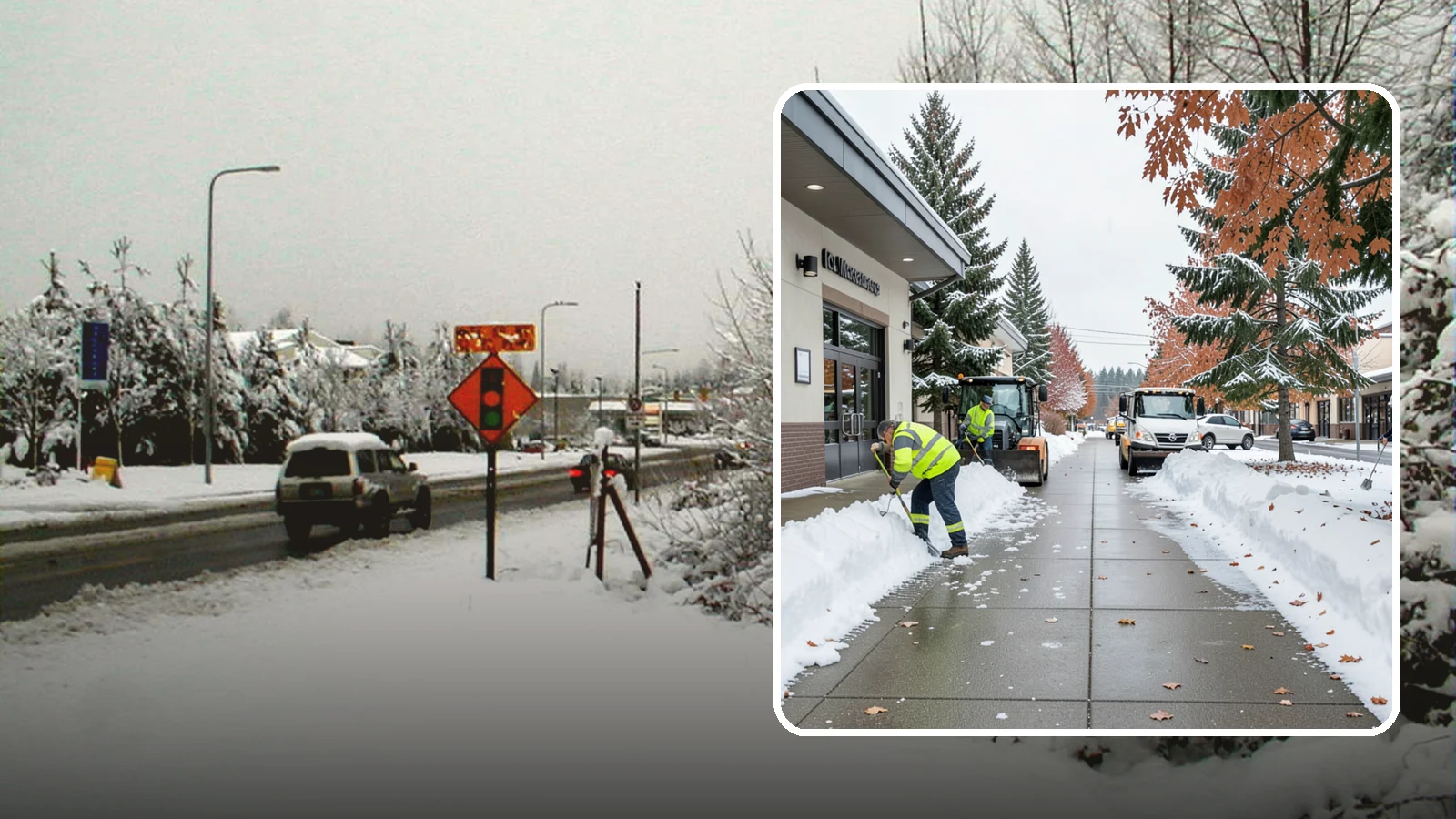 Grocery Store Sidewalk Clearing in Newcastle, King County, WA - High-volume entrance sidewalk clearing for Western Washington grocery stores, keeping vestibules and cart lanes safe for shoppers...