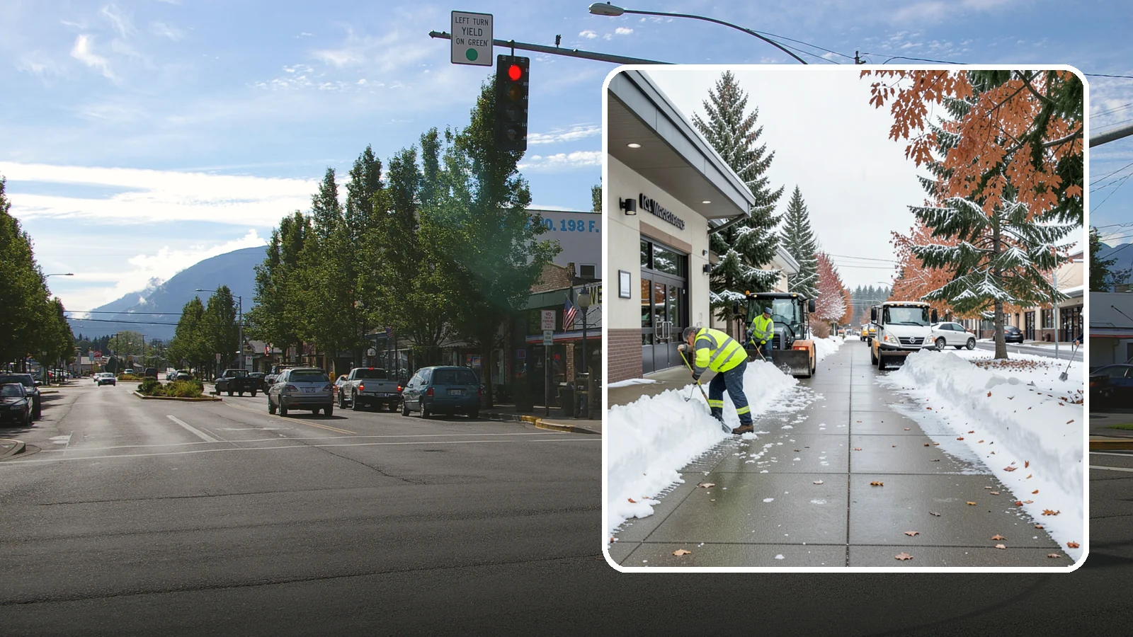 Grocery Store Sidewalk Clearing in North Bend, King County, WA - High-volume entrance sidewalk clearing for Western Washington grocery stores, keeping vestibules and cart lanes safe for shoppers...