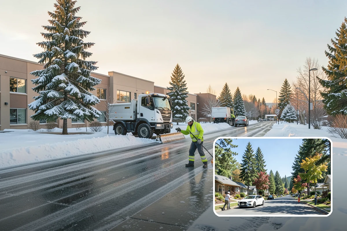 Grocery Store Sidewalk Clearing in Orting, Pierce County, WA - Vestibule and cart lanes cleared for heavy shopper volume