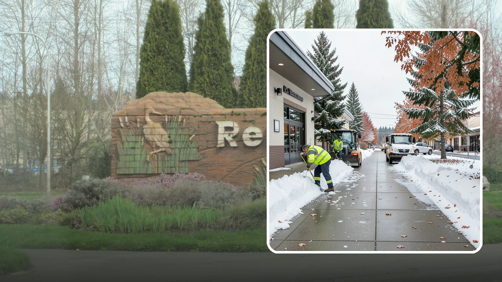 Grocery Store Sidewalk Clearing in Renton, King County, WA - High-volume entrance sidewalk clearing for Western Washington grocery stores, keeping vestibules and cart lanes safe for shoppers...