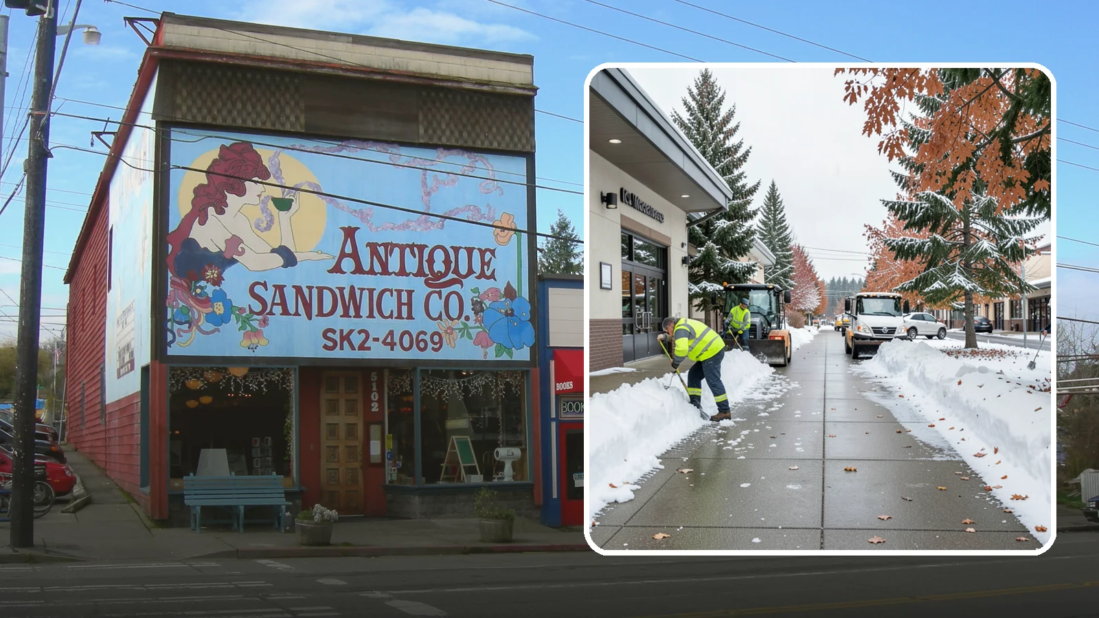 Grocery Store Sidewalk Clearing in Ruston, Pierce County, WA - High-volume entrance sidewalk clearing for Western Washington grocery stores, keeping vestibules and cart lanes safe for shoppers...