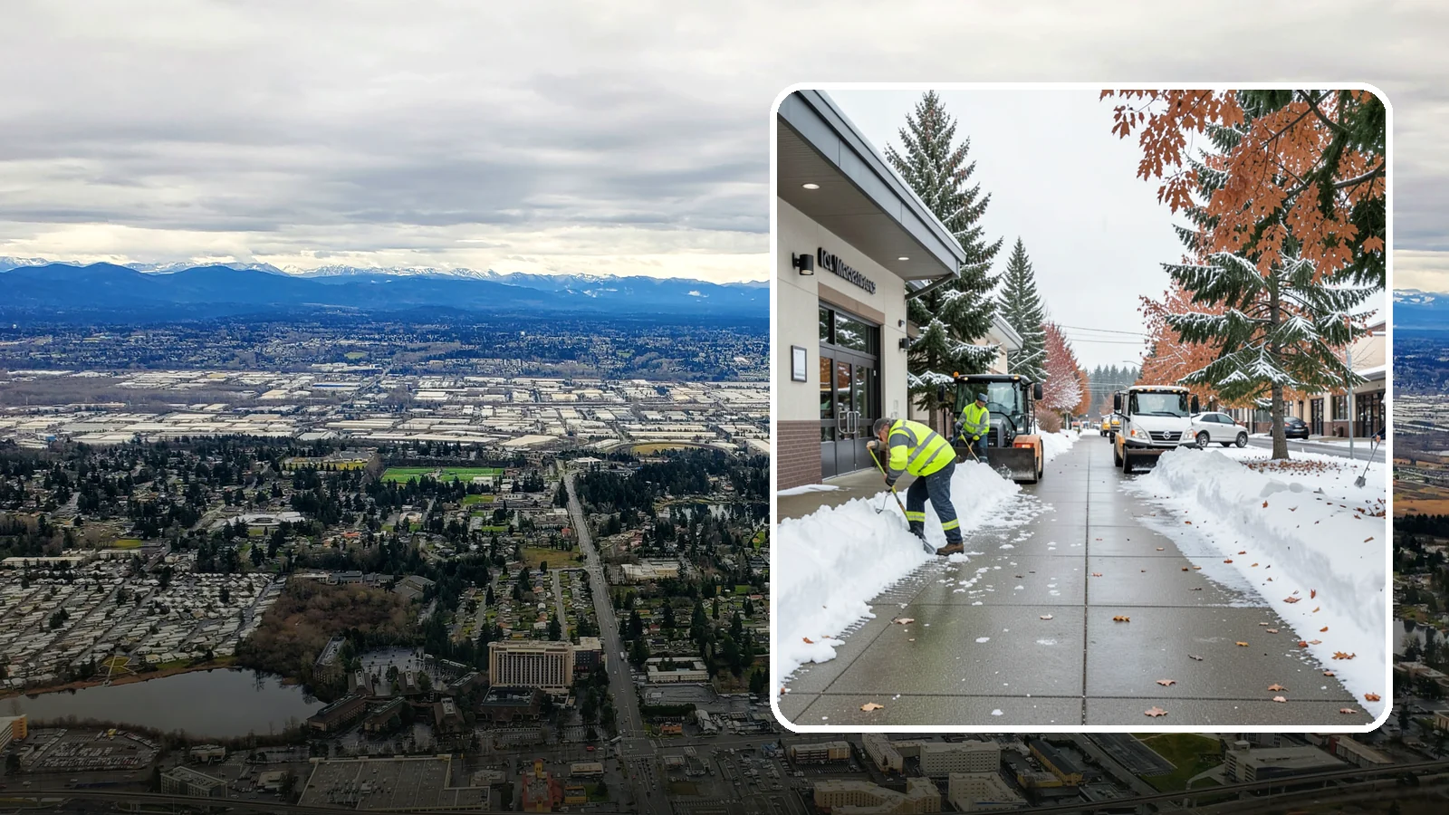Grocery Store Sidewalk Clearing in SeaTac, King County, WA - High-volume entrance sidewalk clearing for Western Washington grocery stores, keeping vestibules and cart lanes safe for shoppers...
