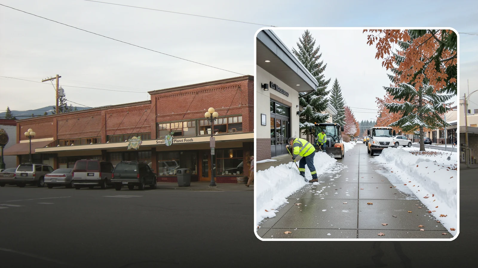 Grocery Store Sidewalk Clearing in Sedro-Woolley, Skagit County, WA - High-volume entrance sidewalk clearing for Western Washington grocery stores, keeping vestibules and cart lanes safe for shoppers...