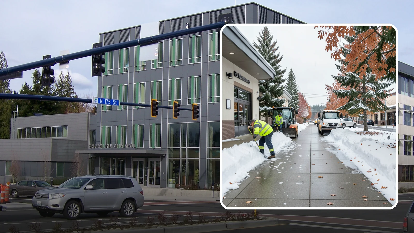 Grocery Store Sidewalk Clearing in Shoreline, King County, WA - High-volume entrance sidewalk clearing for Western Washington grocery stores, keeping vestibules and cart lanes safe for shoppers...