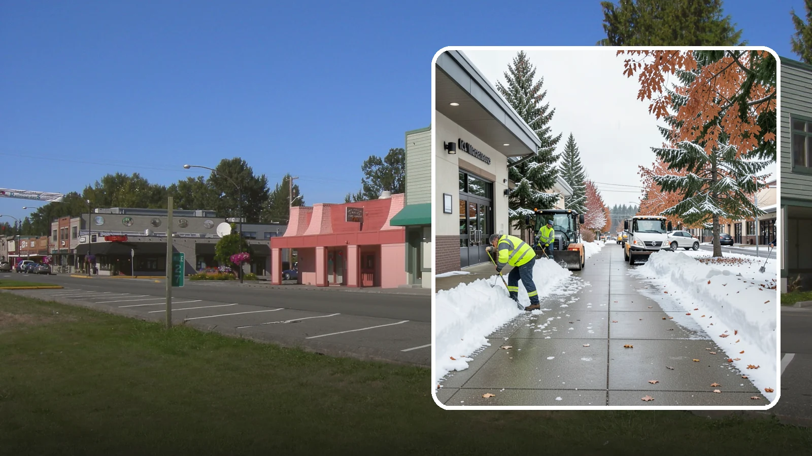 Grocery Store Sidewalk Clearing in Snoqualmie, King County, WA - High-volume entrance sidewalk clearing for Western Washington grocery stores, keeping vestibules and cart lanes safe for shoppers...