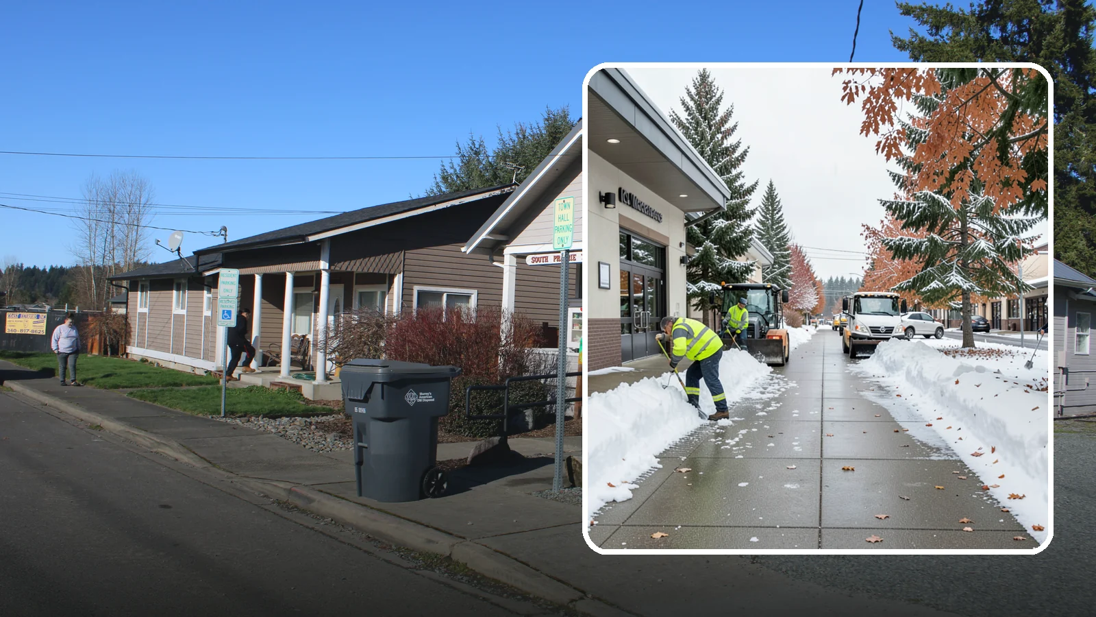 Grocery Store Sidewalk Clearing in South Prairie, Pierce County, WA - High-volume entrance sidewalk clearing for Western Washington grocery stores, keeping vestibules and cart lanes safe for shoppers...