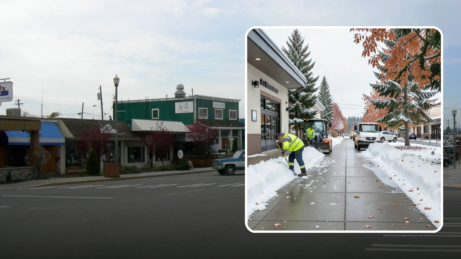 Grocery Store Sidewalk Clearing in Stanwood, Snohomish County, WA - High-volume entrance sidewalk clearing for Western Washington grocery stores, keeping vestibules and cart lanes safe for shoppers...