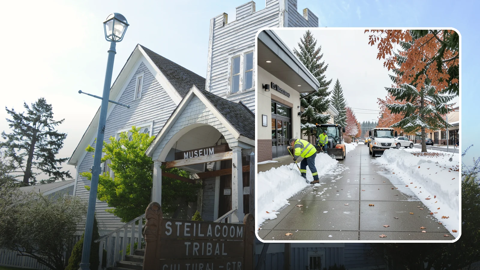 Grocery Store Sidewalk Clearing in Steilacoom, Pierce County, WA - High-volume entrance sidewalk clearing for Western Washington grocery stores, keeping vestibules and cart lanes safe for shoppers...
