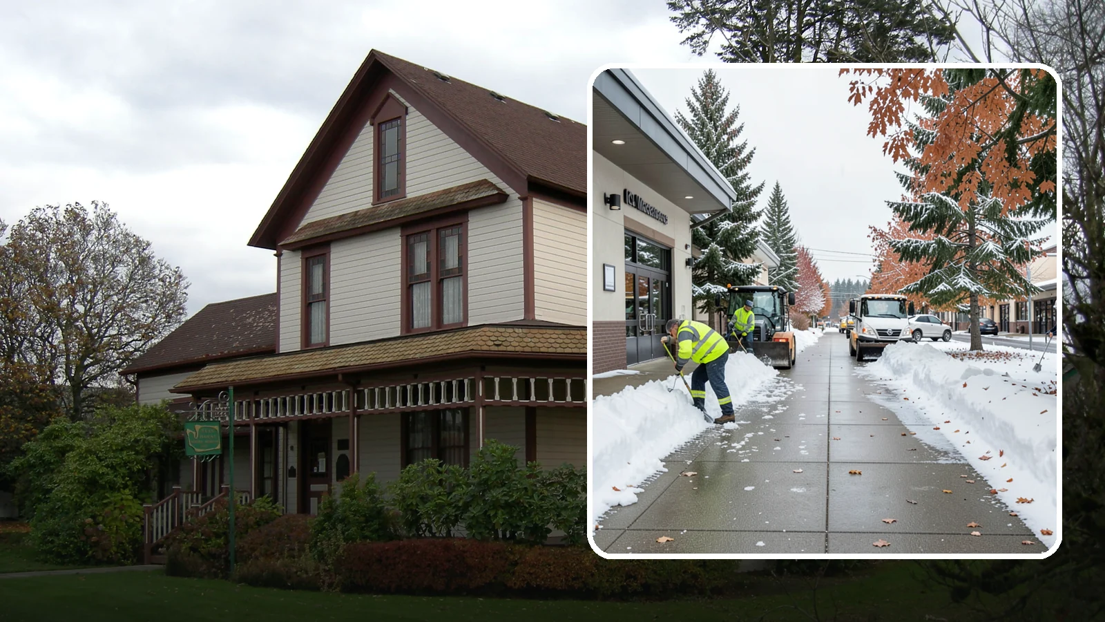 Grocery Store Sidewalk Clearing in Sumner, Pierce County, WA - High-volume entrance sidewalk clearing for Western Washington grocery stores, keeping vestibules and cart lanes safe for shoppers...