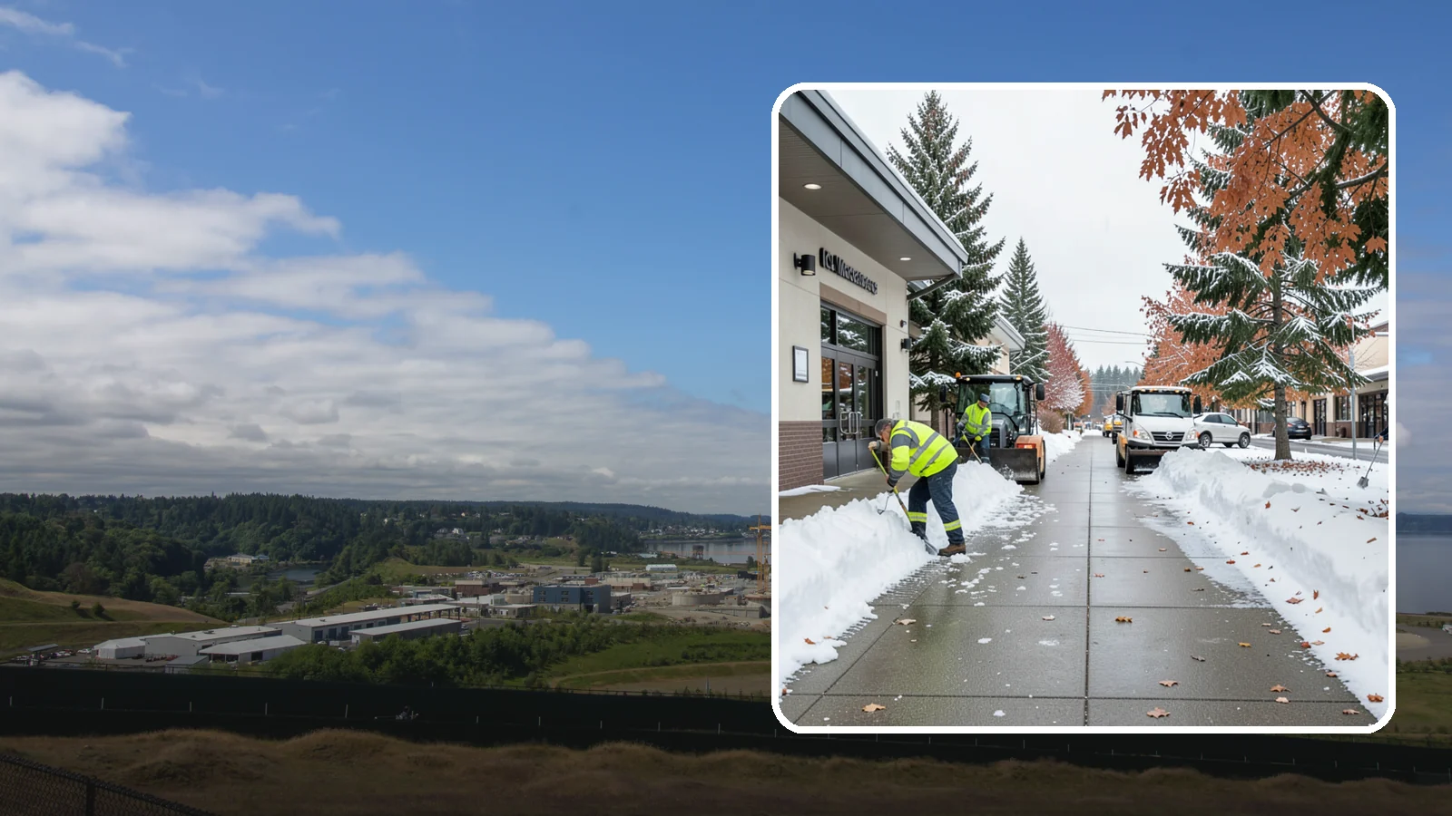 Grocery Store Sidewalk Clearing in University Place, Pierce County, WA - High-volume entrance sidewalk clearing for Western Washington grocery stores, keeping vestibules and cart lanes safe for shoppers...