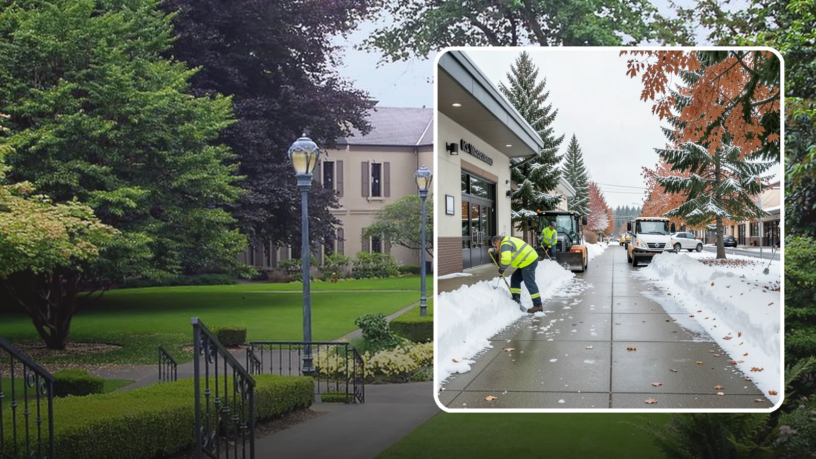 Grocery Store Sidewalk Clearing in Woodinville, King County, WA - High-volume entrance sidewalk clearing for Western Washington grocery stores, keeping vestibules and cart lanes safe for shoppers...