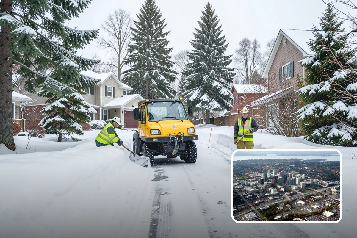 Grocery Store Snow Plowing in Bellevue, King County, WA - Customer lot and cart corrals cleared through store hours